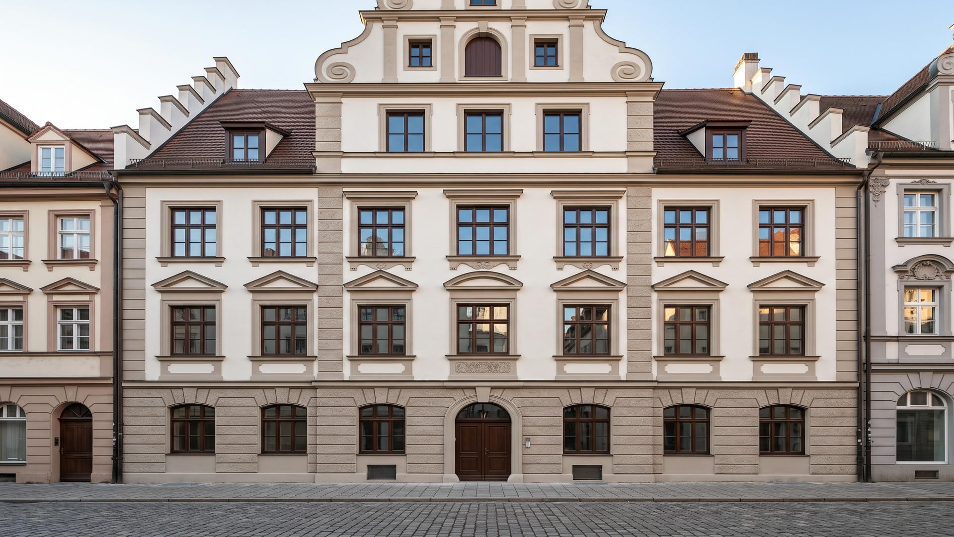 Historische Altstadtfassade im Augsburger Lechviertel mit neuen Fenstern