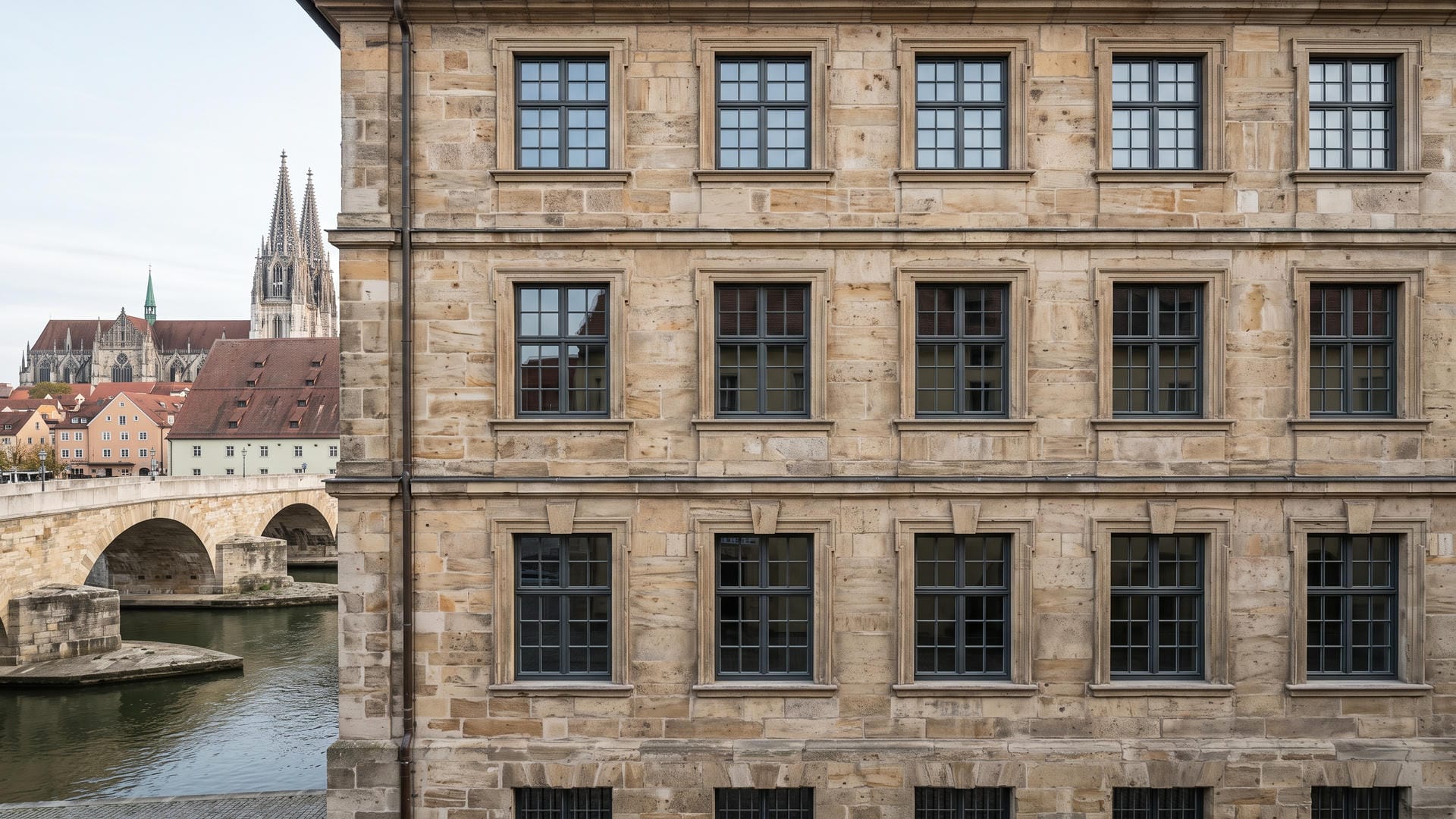 Historische Altstadtfassade in Regensburg mit neuen Fenstern